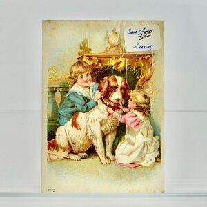 Antique Victorian Trading Card Children Dog Fireplace